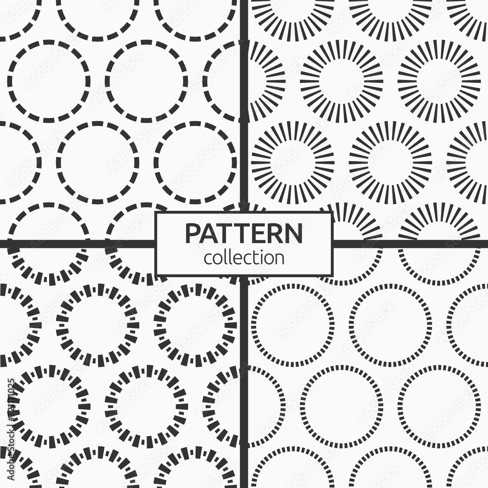 Set of four abstract seamless patterns of repeating round ornaments isolated on white background. Backgrounds with circles, swirling shapes. Stylish texture. Vector monochrome illustrations. Set of four abstract seamless patterns of repeating round ornaments isolated on white background. Backgrounds with circles, swirling shapes. Stylish texture. Vector monochrome illustrations.