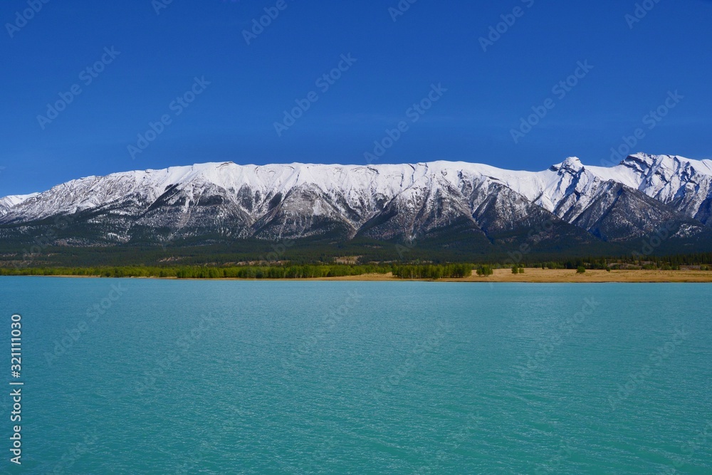 Beautiful blue Abraham Lake with high mountains covered with snow in the background. Sunny day, blue sky, Kootenay plains Ecological Reserve. Canada.