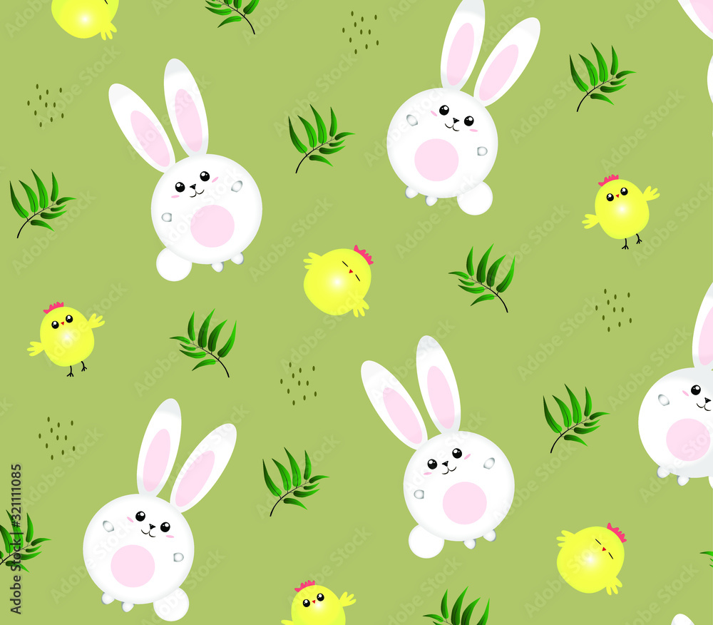 Cute children's pattern with chicken,green branch and bunnies. Vector illustration. Print. Happy Easter. Cute children's pattern with chicken,green branch and bunnies. Vector illustration. Print. Happy Easter.