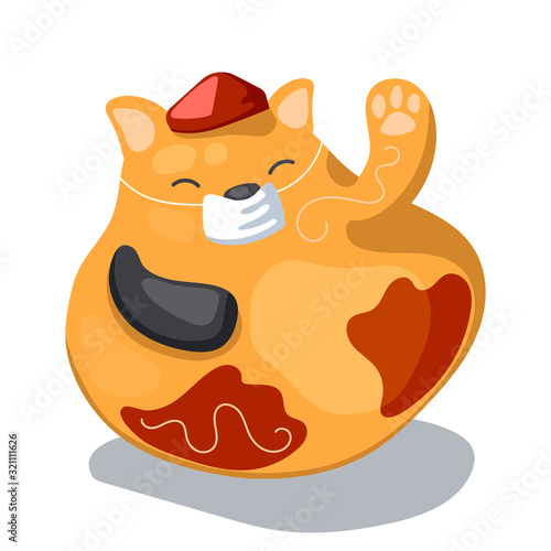Chinese cat figurine in medical protective mask. Maneki neko vector illustration on white background.