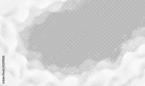 Realistic bath foam with bubbles isolated on transparent background. Sparkling shampoo and soap lather border vector illustration.