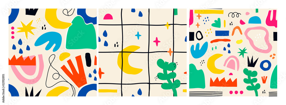 Plakat Różne ręcznie rysowane kształty i obiekty Doodle. Zestaw trzech kolorowych abstrakcyjnych współczesnych nowoczesnych modnych wzorów wektorowych bez szwu. Tapety. Idealny do nadruków na tekstyliach
