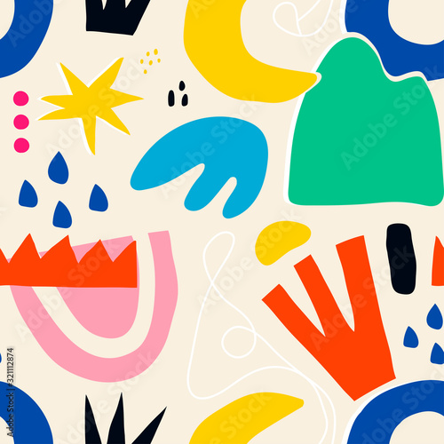 Hand drawn Various colorful shapes and doodle objects. Moon stars, rain drops. Abstract contemporary modern trendy vector illustration. Bright Seamless pattern. Wallpaper, Textile print