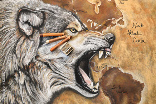 Fototapeta Wspaniały obraz sztuki zwierzęcej z agresywnym wilkiem