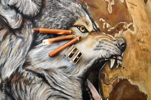 Fototapeta Naklejka Na Ścianę i Meble -  Magnificent animal art painting with an aggressive wolf