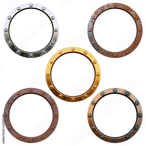 Five different round metal frames isolated on the white background photo