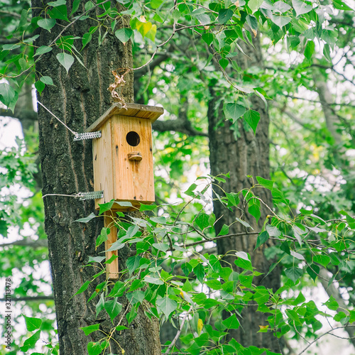 Wooden birdhouse hangs on a tree trunk among the leaves
