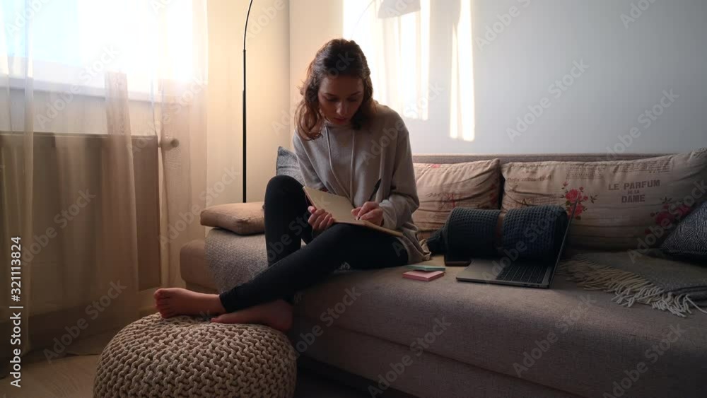 Young woman sitting on a sofa working with her laptop and writing notes in us notebook. Young woman sitting on a sofa working with her laptop and writing notes in us notebook.