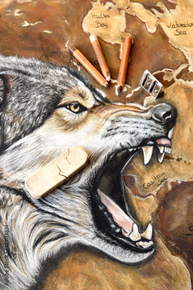 Naklejka premium Magnificent animal art painting with an aggressive wolf