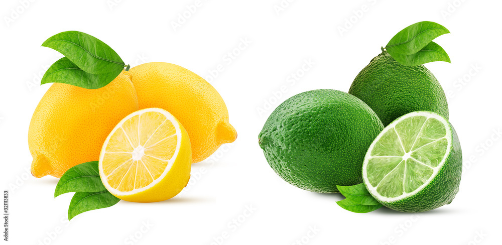 Set two fresh lime and lemon with leaf one cut in half