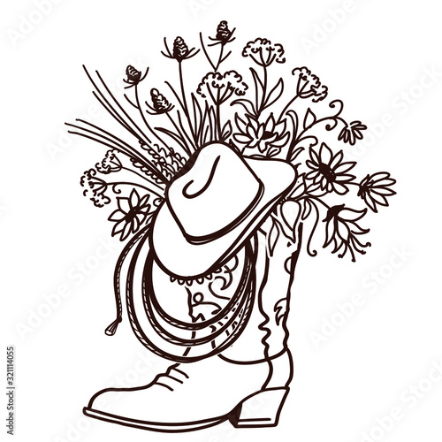 Cowboy boot with Flowers isolated on a white background. Sketch hand drawn vector close-up color illustration for design. Cutting file