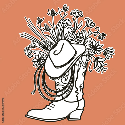 Cowboy boot with Flowers isolated on a white background. Sketch hand drawn vector close-up color illustration for design. Cutting file