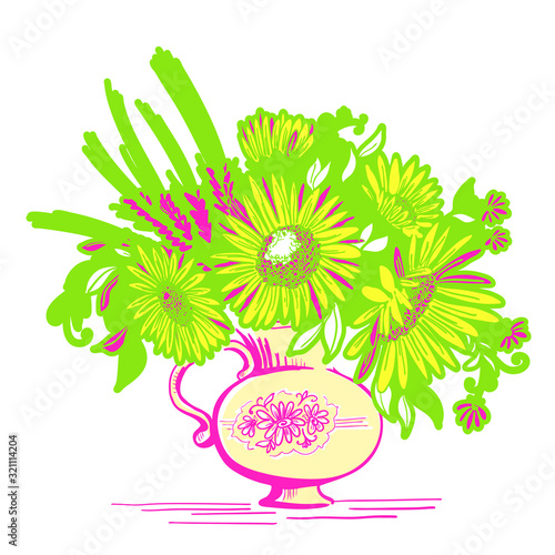 Vector floristic composition. Vintage bouquet of wildflowers in vase isolated on white. Sketch hand drawn vector close-up illustration for design