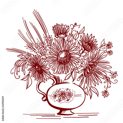 Vector floristic composition. Vintage bouquet of wildflowers in vase isolated on white. Sketch hand drawn vector close-up illustration for design