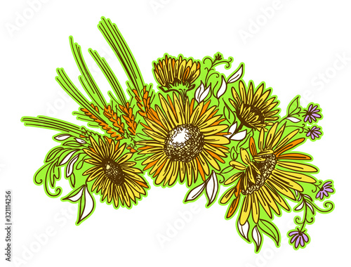 Vector floristic composition. Vintage bouquet of wildflowers in vase isolated on white. Sketch hand drawn vector close-up illustration for design