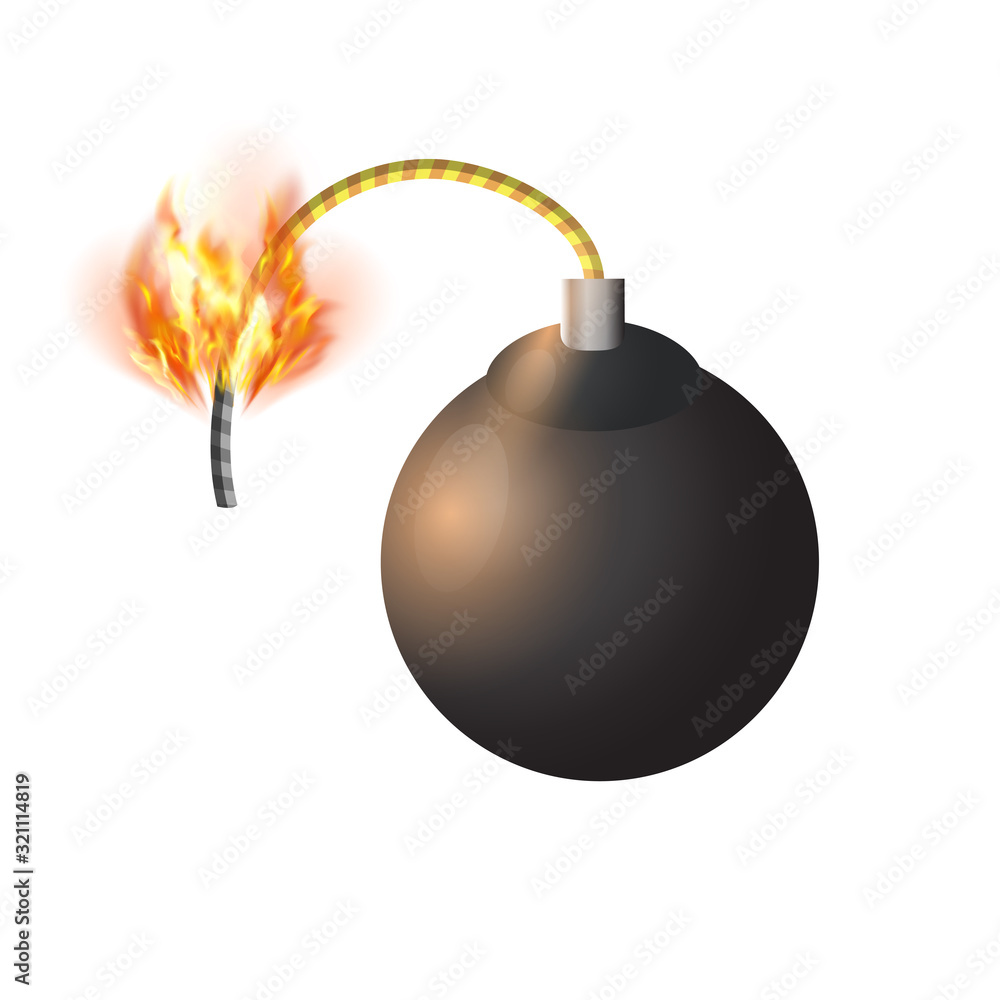 Black Burning Bomb Icon. Explode Flash, Cartoon Explosion, Burst on White Background. Black Burning Bomb Icon. Explode Flash, Cartoon Explosion, Burst on White Background.