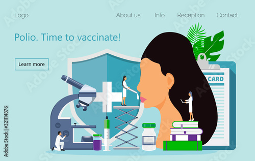 Polio vaccination vector. Time to vaccinate. Medical illustration syringe with vaccine, bottle for website, apps. Tiny doctor gives poliomyelitis drops