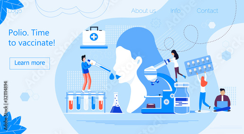 Polio vaccination vector. Time to vaccinate. Medical illustration syringe with vaccine, bottle for website, apps. Tiny doctor gives poliomyelitis drops