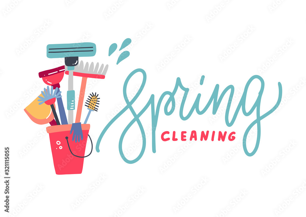 Composition of different tools for cleaning servicein a bucket colored on white background. Letttering quote - Spring cleaning. Flat hand drawn vector illustration - obrazy, fototapety, plakaty 
