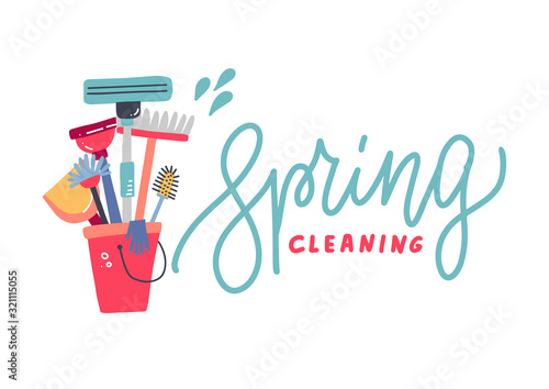 Composition of different tools for cleaning servicein a bucket colored on white background. Letttering quote - Spring cleaning. Flat hand drawn vector illustration