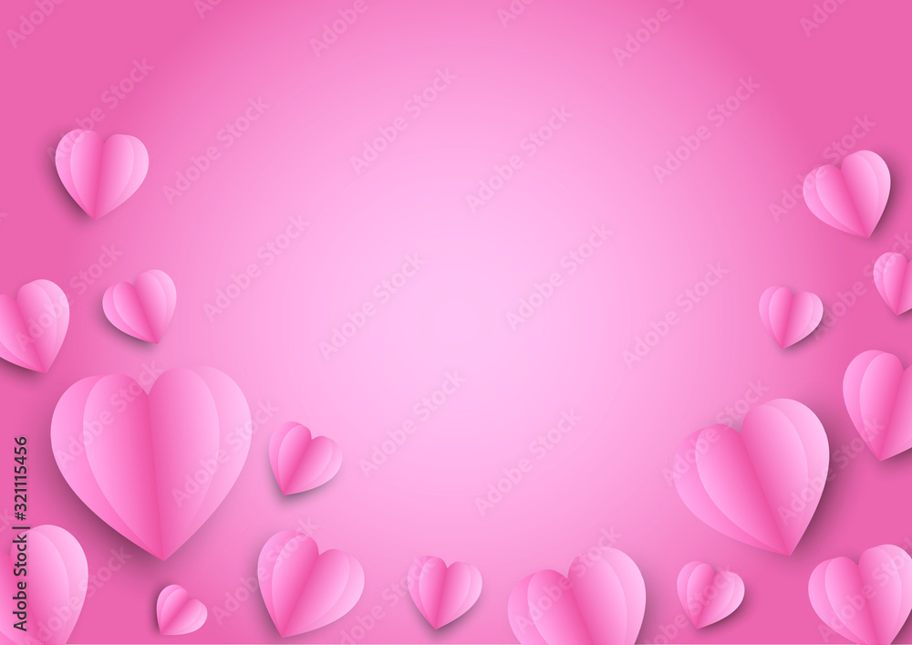 Paper elements in shape of heart flying on pink background. A symbol of love of Valentine's Day, Happy Birth Day, Mother's Day or Card design.