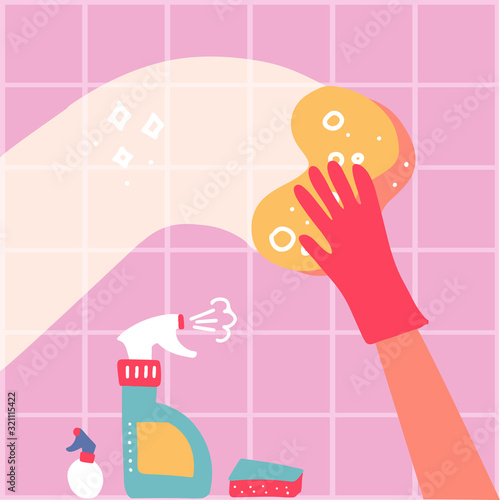 Cleaning service conpept. One Hand in red rubber glove with spray and sponge wash pink wall tiles. Vector flat hand drawn illustration.