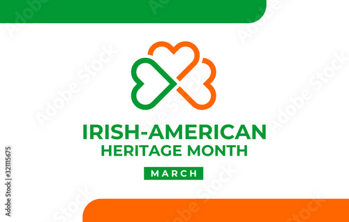 Irish-American Heritage Month vector illustration, colors Ireland flag. Abstract trend logo for banner, poster, card and social media. Greeting business card with celtic Irish shamrock leaf pattern.