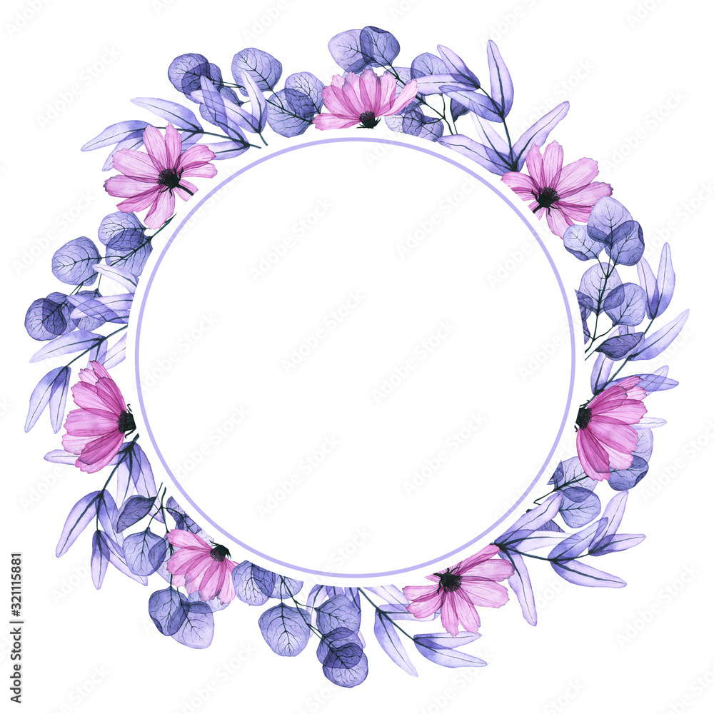 Wreath with watercolor transparent eucalyptus leaves, cosmos flowers. Hand drawn illustration isolated on white. Floral round frame is perfect for greeting card, wedding invitation, florist logo