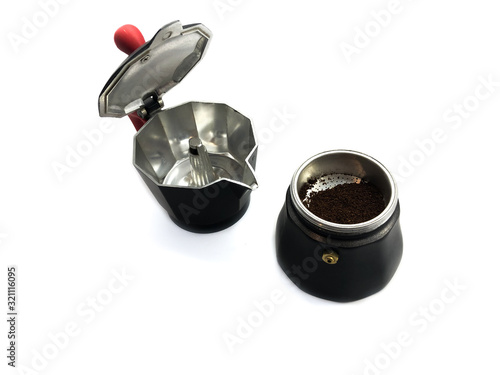 Geyser coffee maker isolated on a white background. Black coffee maker. 