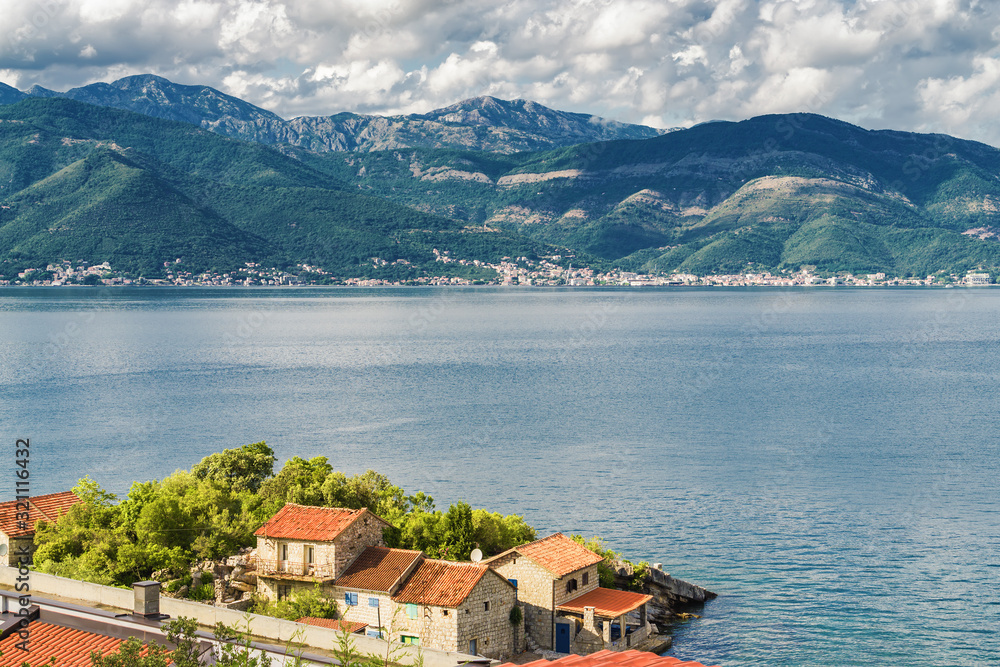 Sunny view of Kotor bay from Lustica peninsula, Montenegro.