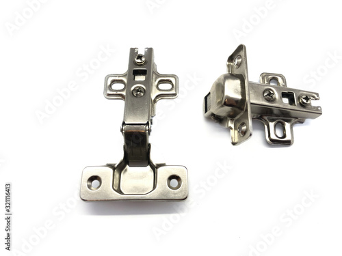 Hinges isolated on a white background. Composition loop for construction. Hinges for doors, furniture. Set of metal loops. Metal hinges. 
