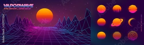 Futuristic neon retrowave background. Retro low poly grid landscape mountain terrain with set of glowing outrun sun vector illustration template