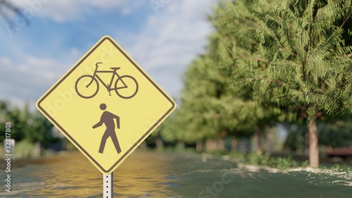 flooded road during a flood caused by heavy rain 3d rendering