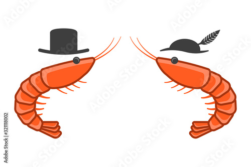 Cartoon icon of two shrimps opposite each other in male and female hats. Isolated vector on a white background