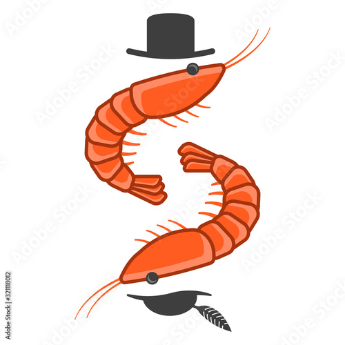 Cartoon icon of two shrimps opposite each other in male and female hats. Inverted mirror image. Isolated vector on a white background