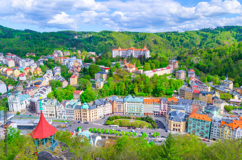 Valokuva Karlovy Vary (Carlsbad) historical city centre top aerial view with colorful bea