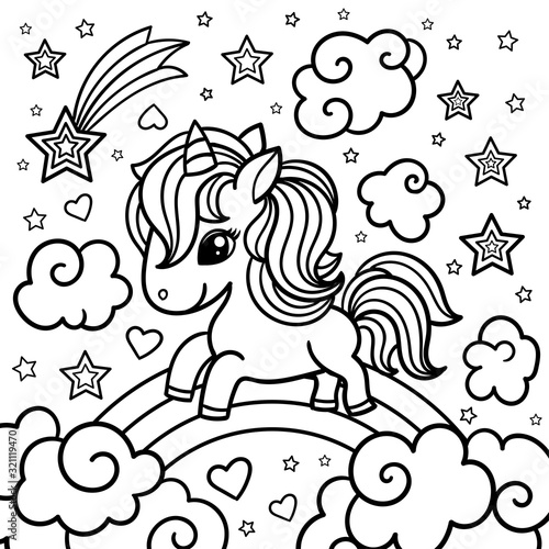 Cute fantasy unicorn on a rainbow among the clouds. Black and white. Vector