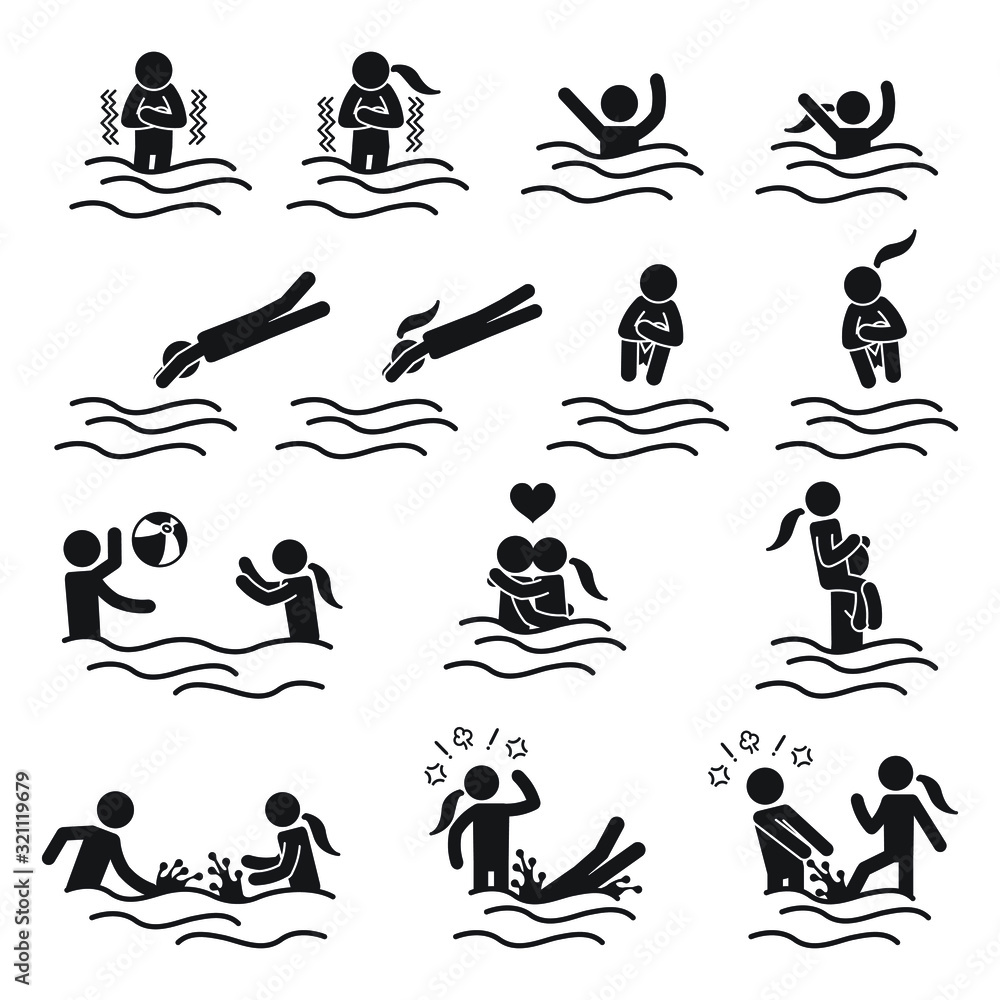 Couple having fun in water, seaside or pool icon set. Vector.