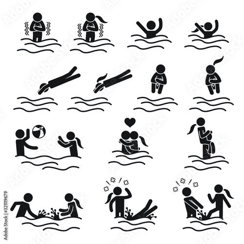 Couple having fun in water  seaside or pool icon set. Vector.