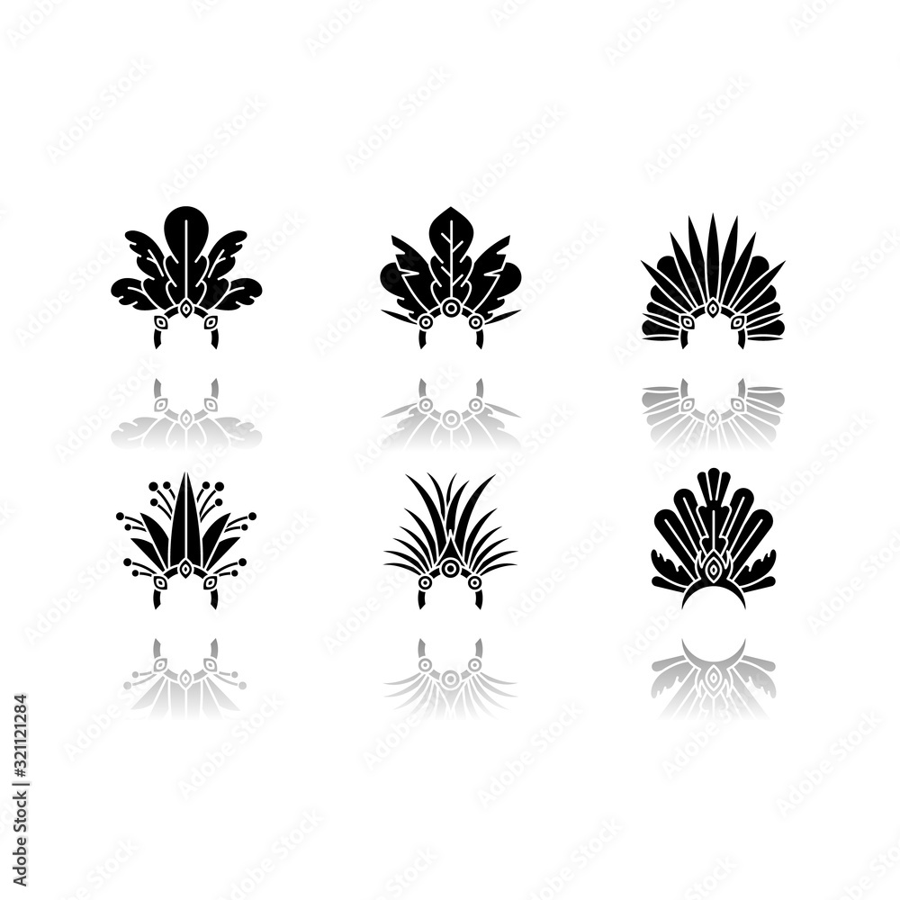 Brazilian carnival hat drop shadow black glyph icons set. Crown with plumage. Traditional headwear. Ethnic festival. National holiday. Masquerade parade. Isolated vector illustrations on white space