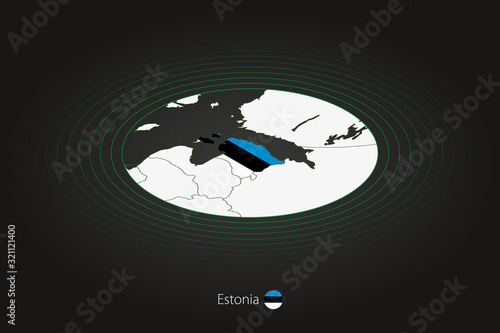 Estonia map in dark color, oval map with neighboring countries.