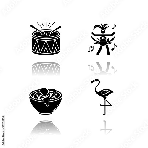 Brazilian carnival drop shadow black glyph icons set. Traditional music. Arancini. Festive drum parade. Flamingo. Cheese bread. Samba. Local cuisine. Isolated vector illustrations on white space