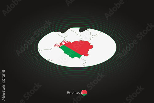 Belarus map in dark color, oval map with neighboring countries.