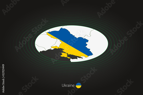 Ukraine map in dark color, oval map with neighboring countries.
