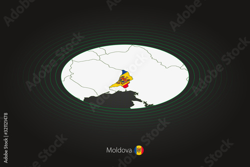 Moldova map in dark color, oval map with neighboring countries.