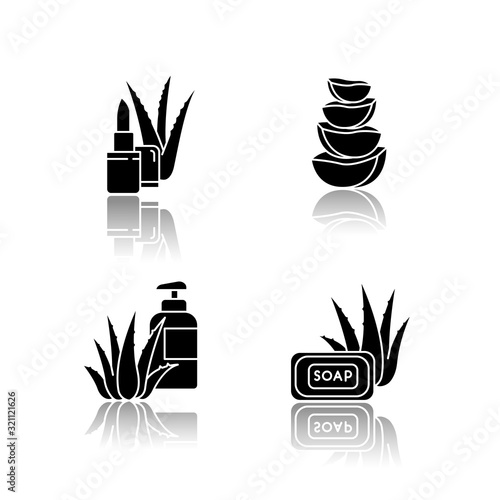 Aloe vera drop shadow black glyph icons set. Bathing products with organic ingredients. Lip balm. Slices of cactus. Cut succulent. Cosmetic for skincare. Isolated vector illustrations on white space