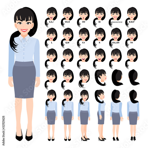 Cartoon character with business woman in smart shirt for animation. Front  side  back  3-4 view character. Separate parts of body. Flat vector illustration.