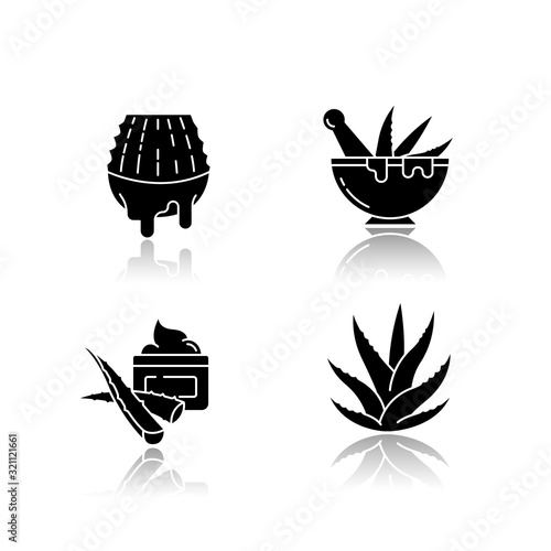Aloe vera drop shadow black glyph icons set. Juice from cut succulent. Liquid from sliced cactus leaf. Mortar with pestle for botanical ingredients. Isolated vector illustrations on white space