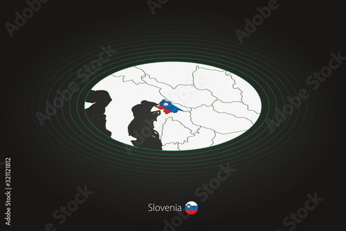Slovenia map in dark color, oval map with neighboring countries.