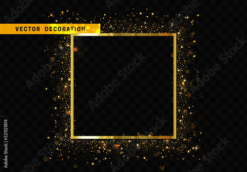 Square Frame with golden glitter by border. Realistic Holiday decoration. Black transparent background. Vector illustration